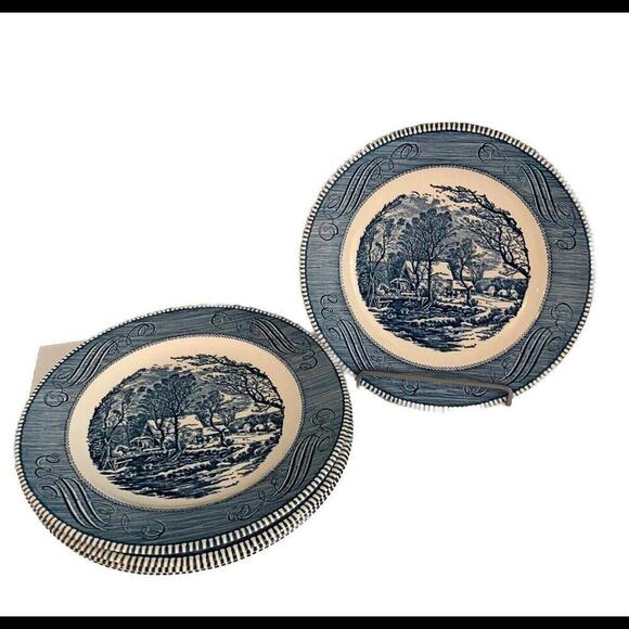 4 Royal Currier & Ives 10" Dinner Plates Old Grist Mill Blue White Ironstone - Picture 4 of 9